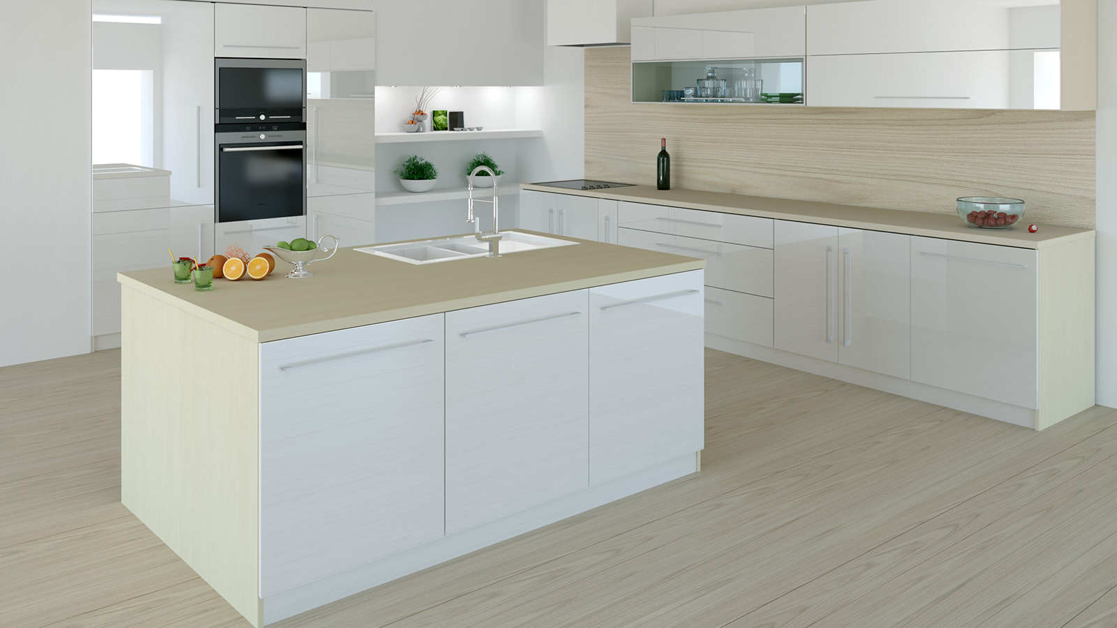 Jasne pomieszczenie kuchenne tworzy połączenie białych mebli z dębowymi elementami blatów, ścianki oraz paneli podłogowych.